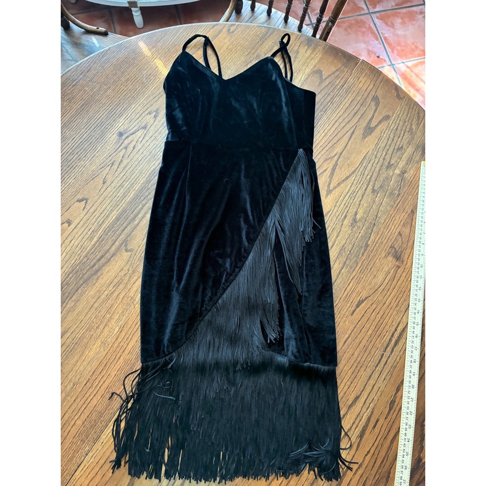 Lulus Black Velvet Fringe Midi Dress Sleeveless V-Neck Party Cocktail Small